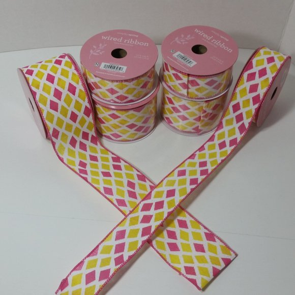 6 Rolls Wired Ribbon Diamond White Yellow Pink